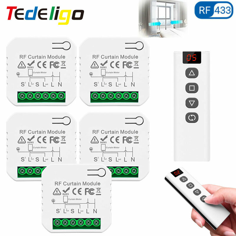 Tedeligo RF Curtain Garage Door Remote Control Switch Module and Wireless 5 in 1 CH Transmitter, 2 Way Control, 110v 220v 16A
