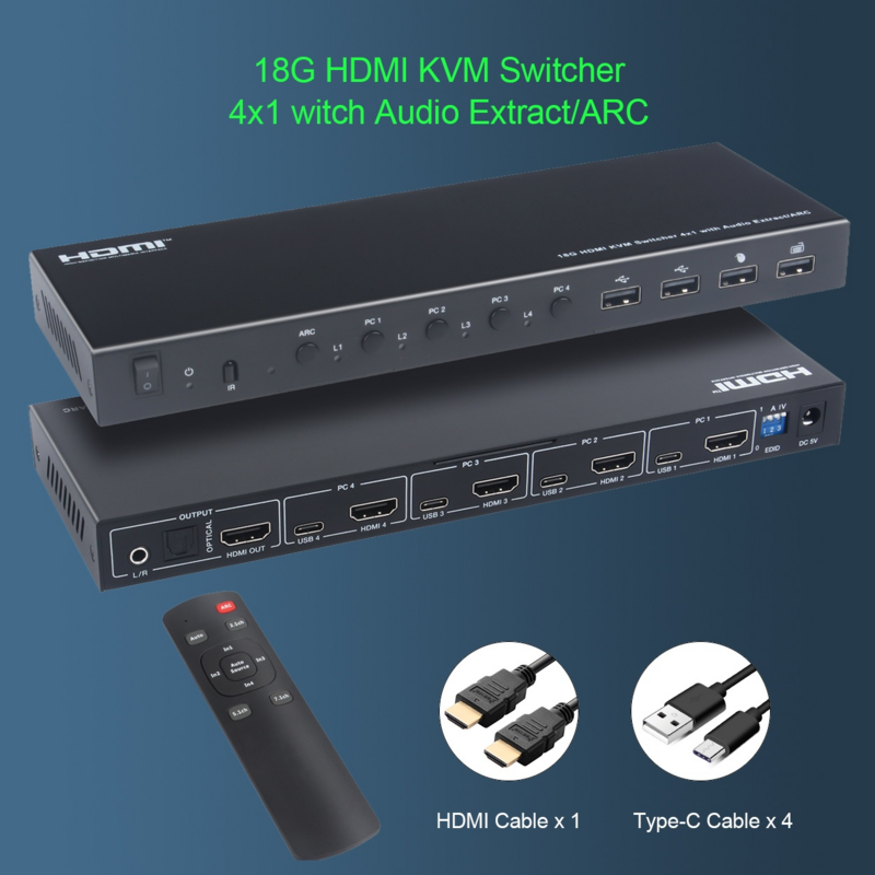18G HDMI KVM Switcher 4ใน4 USB 2.0พอร์ตรองรับสมาร์ท EDID Management และ ARC Power ฟังก์ชั่นหน่วยความจำ