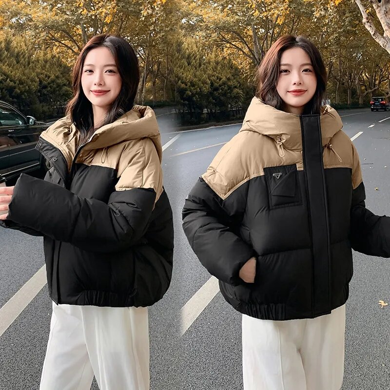 Jaqueta feminina acolchoada de algodão com emenda, casaco curto, solto, plus size, quente, versão coreana, nova, inverno, 2023