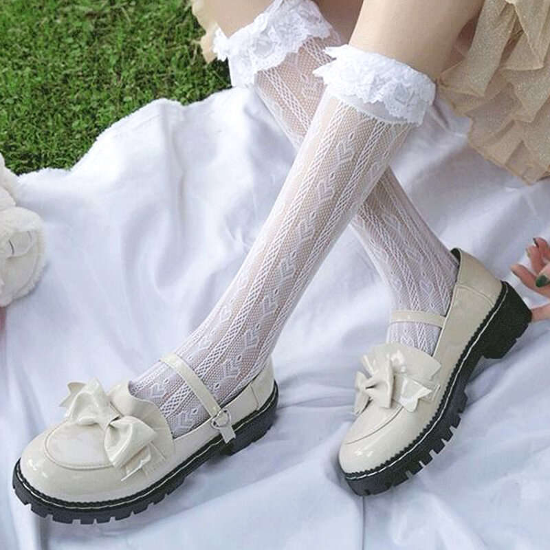 2022 милые кружевные носки в стиле "Лолита", черные и белые носки с ворсом, милые женские носки с T-образным бантом для девочек, Женские аксессуары для косплея