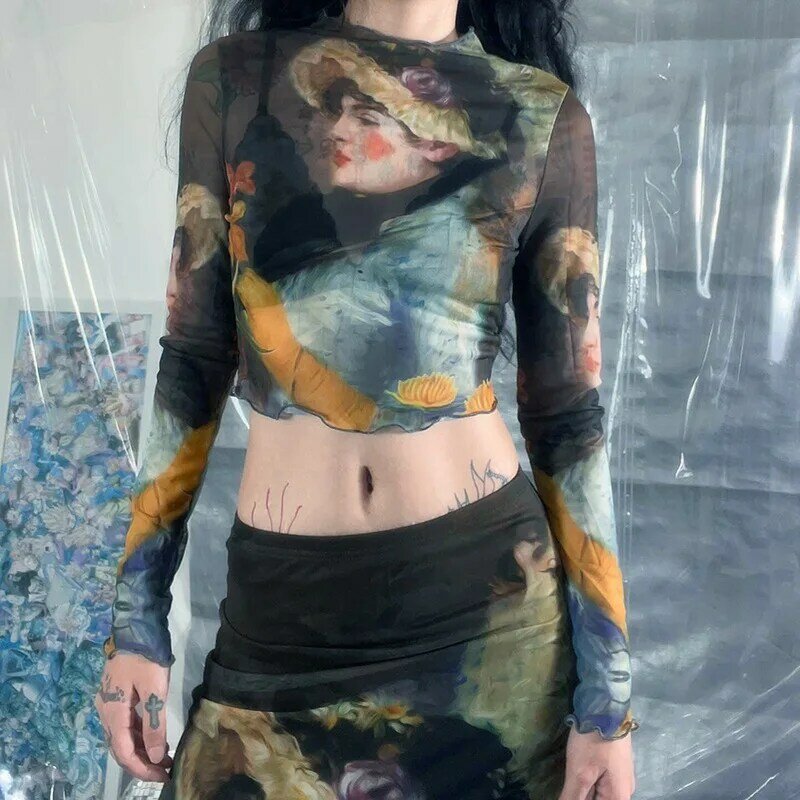 Lairauiy Women's Y2K Retro Portrait Print Slim Mesh Crop Tops Long Sleeve Crew Neck Lettuce Hem Sheer T-Shirt +Bodycon Skirt