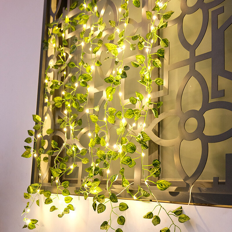 Lampu setrip buatan tenaga surya/baterai, lampu untai daun hijau 2m, lampu taman Dekorasi Rumah