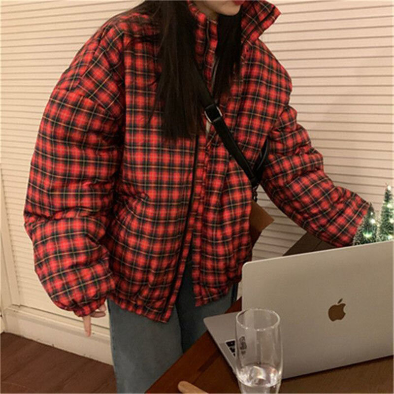 Winter Warm Plaid Parkas Women Y2K Vintage Streetwear Loose Oversized Down Coats Korean Harajuku Preppy All Match Puffer Jacket