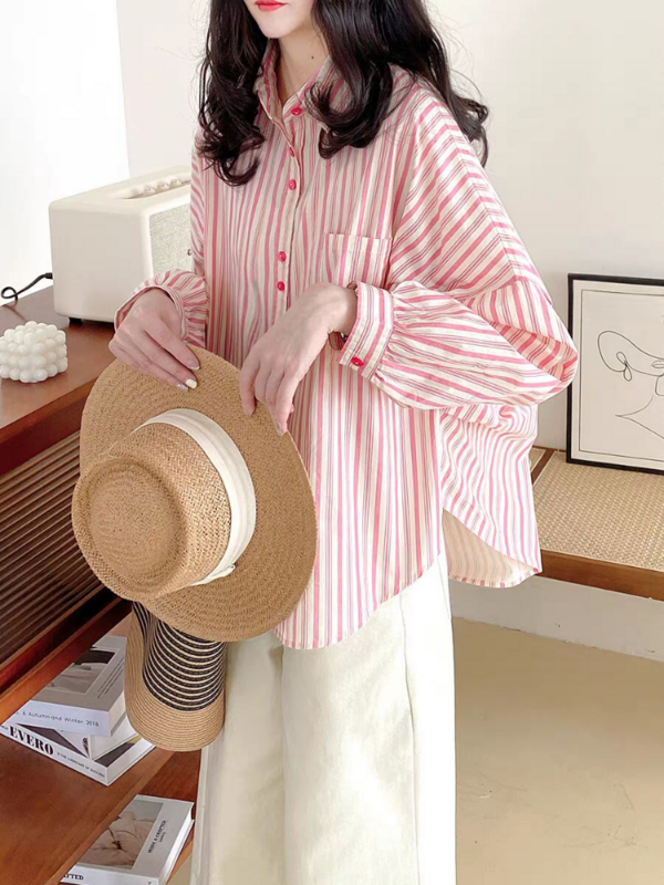 Women Shirt Cotton Red Stripe Long Sleeve Shirts Loose Casual Lapel Blouses Single Breasted Female Tops Spring Summer 2024 New