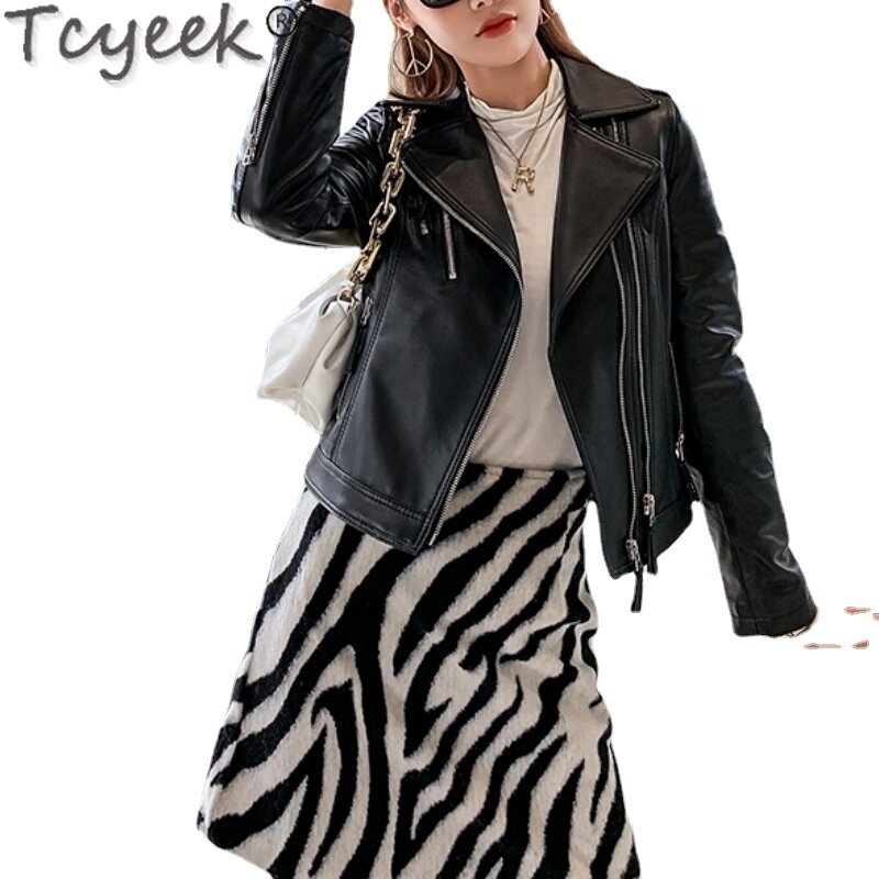 Куртка Tcyeek из натуральной овечьей кожи, Женская мотоциклетная кожаная куртка, весна-осень, черные короткие трендовые куртки, Женская куртка