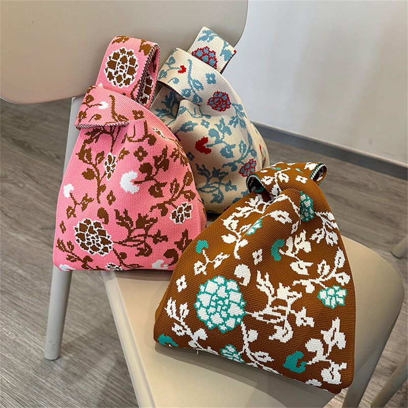 Moda Handmade Knitted Handbag Mulheres Mini Nó Saco De Pulso Coreano Colorido Flor Malha Sacola Meninas Reutilizáveis Sacos De Compras