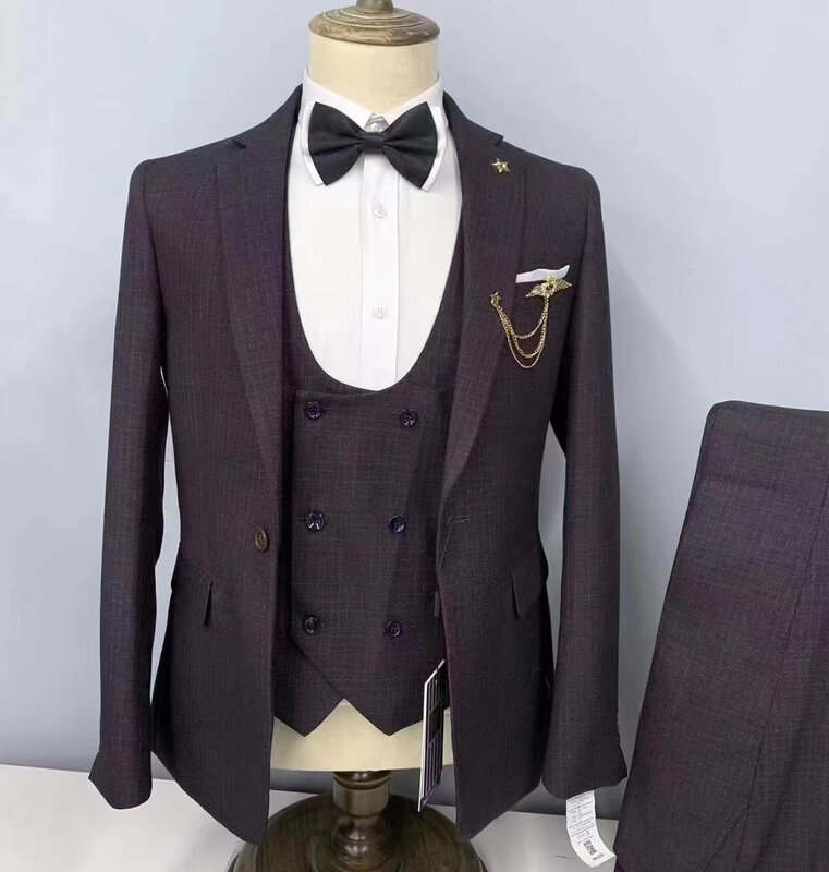 Xadrez pronto para usar pico lapela único breasted vestido de noiva noivo jaqueta colete calças de negócios inteligentes ternos masculinos casuais