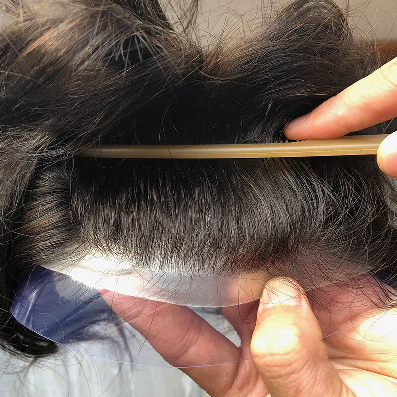 Peluquín rizado de cabello humano Natural para hombres, 10mm, sistema duradero, Base de encaje, PU alrededor de prótesis capilar, rayita Natural