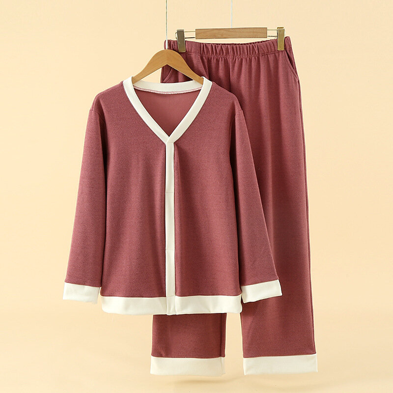 Autumn / Winter Plush Insulation Women's Pajamas Set V-neck Long Sleeved Loose Home Wear 2 Piece Sets Solid Splicing Sleepwear