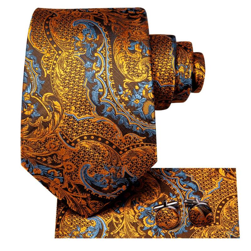 Hi-Tie Men's Tie Set Gold Paisley 100% Silk 8.5cm Wedding Ties For Men New Fashion Design Hanky Cufflinks Set Quality Necktie