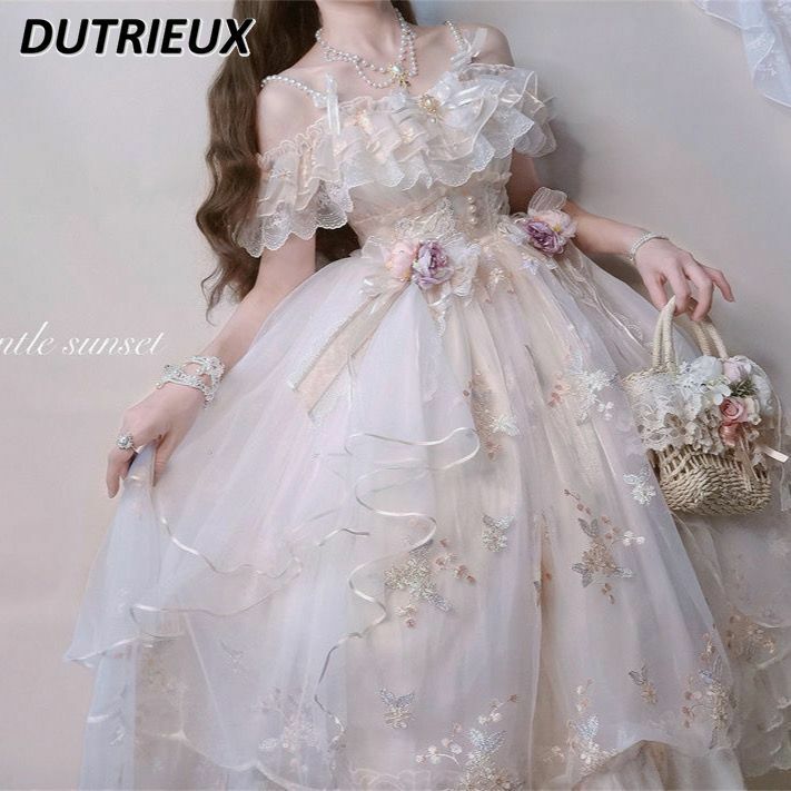 Japanese Style Lolita Sweet Cute Girl Off-the-Shoulder Fitted Waist Dress Machine Embroidery JSK Short Sleeve Long Dresses