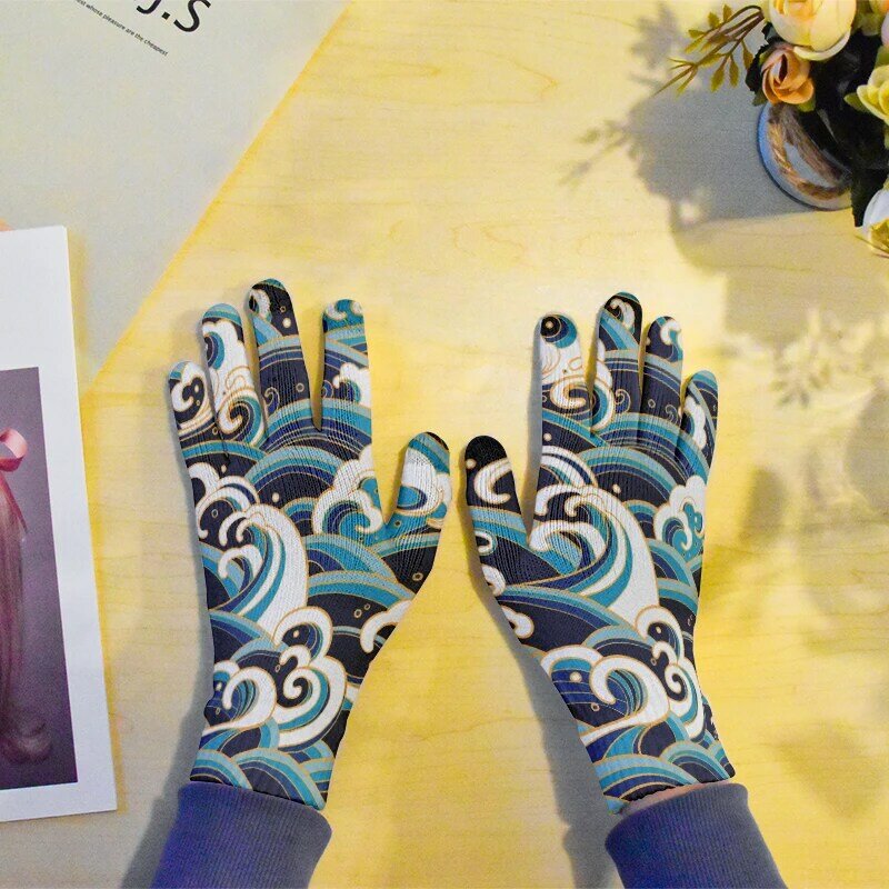 Guanti stampati in stile giapponese donna primavera e autunno guanti in maglia elasticizzata stampa 3D guanti Touch Screen femminili con dita intere