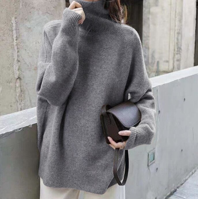 Sweater wanita, Sweater rajutan leher tinggi musim gugur musim dingin 2023 untuk dasar serbaguna kasual berpergian warna Solid sederhana