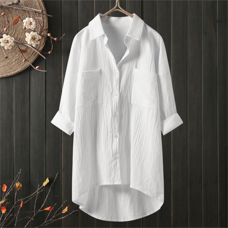 캐주얼 롱 셔츠 한국 패션 포켓 스플라이스 싱글 브레스트 불규칙 밑단 코튼 블라우스 및 셔츠, 화이트 탑, 2024 용수철 여름