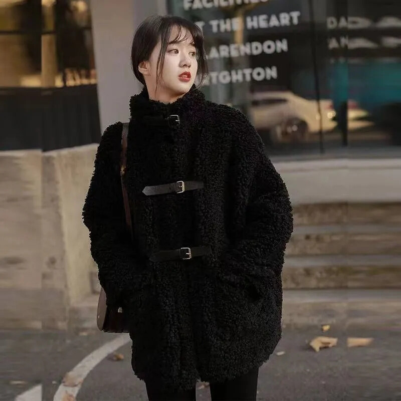 Abrigo de pelo de cordero para mujer, abrigo de Pellet integrado de longitud media, suelto y grueso, versión coreana, sólido, invierno, 2023