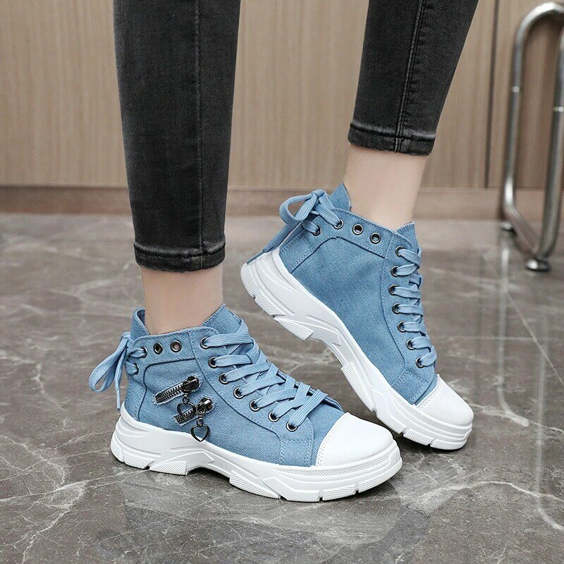 Women's Fashion Designer High Top Denim Thick Sole Canvas Shoes 2024 Spring New Designer Women's Students Flat Casual Sneakers