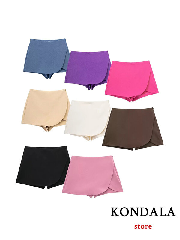 KONDALA Women Fashion 2024 Casual Mini Asymmetrical Skirts Shorts High Waist Back Pockets Wide Leg Skirts Zipper Female Shorts