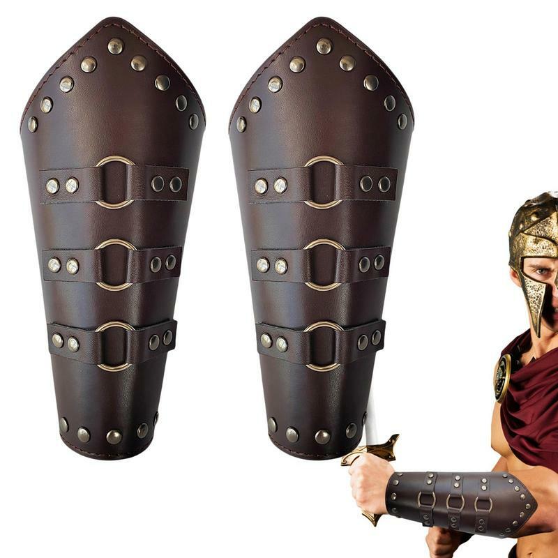 Gauntlet Wristband Medieval 2 Pcs Adjustable Faux Leather Bracers Long Style Knights Medieval Battle Arm Guard Bracers Halloween