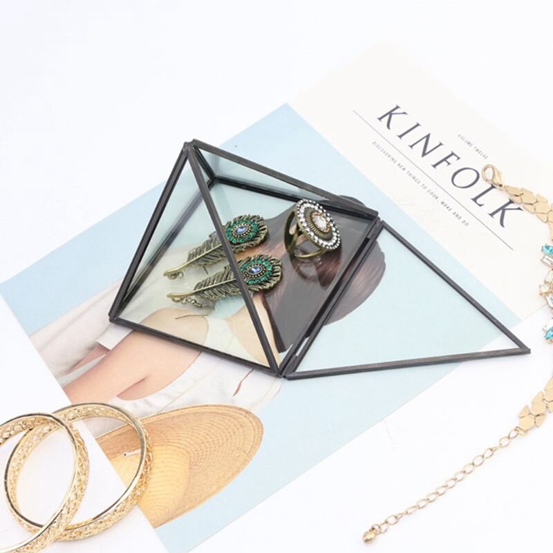 Caja de anillo de boda, joyero geométrico de vidrio transparente, maceta de plantas de aire suculentas, exhibición de recuerdo