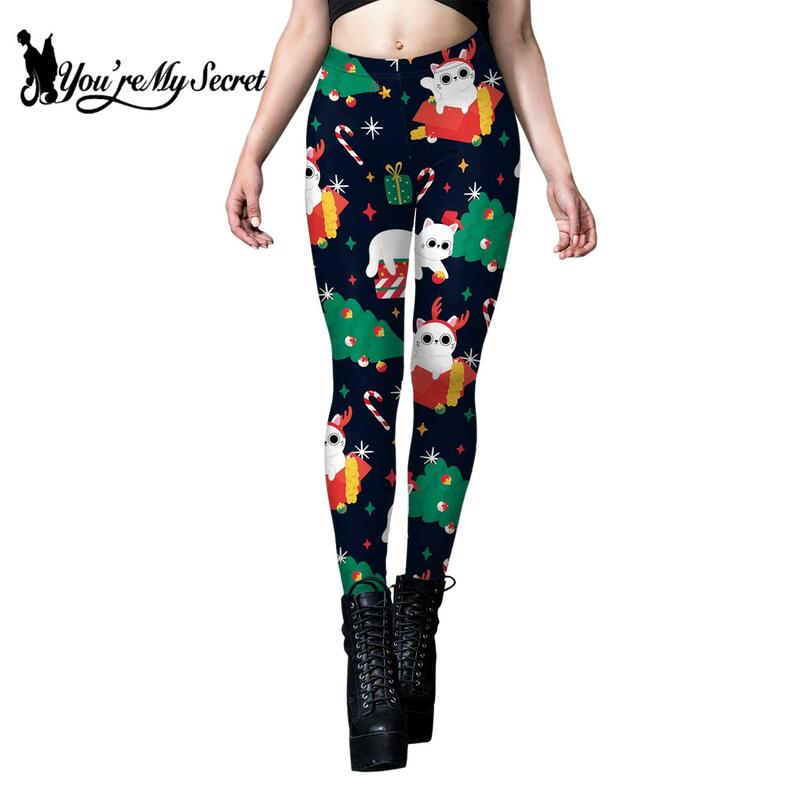 [You're My Secret] New Xmas Leggings for Women Neon Elk Print Pants Christmas Trousers Gifts Holiday Sexy Tights Fitness Workout