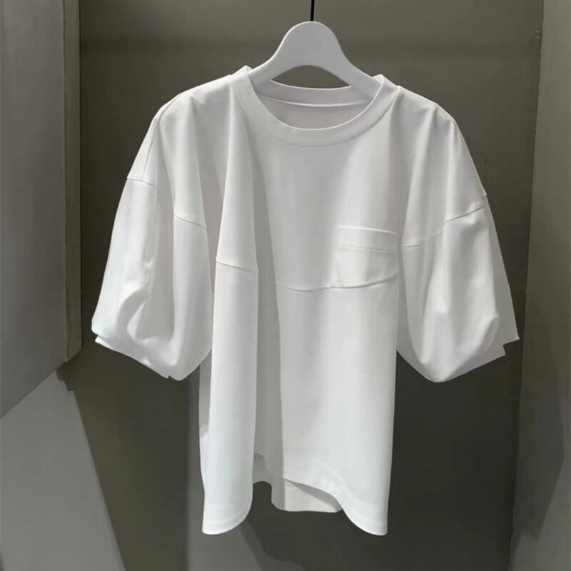 Niche-Camiseta de manga abullonada para mujer, top informal de color liso con cuello redondo, primavera y verano, 2024