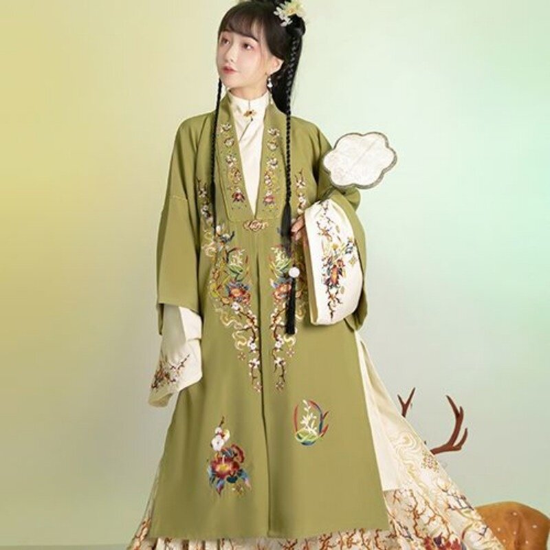 Elegante feminino dignificado Hanfu Stand Collar Casaco Longo, Sistema Ming, Lapela Oblíqua, Saia Rosto de Cavalo, Clássico, Modelos de Inverno, Outono