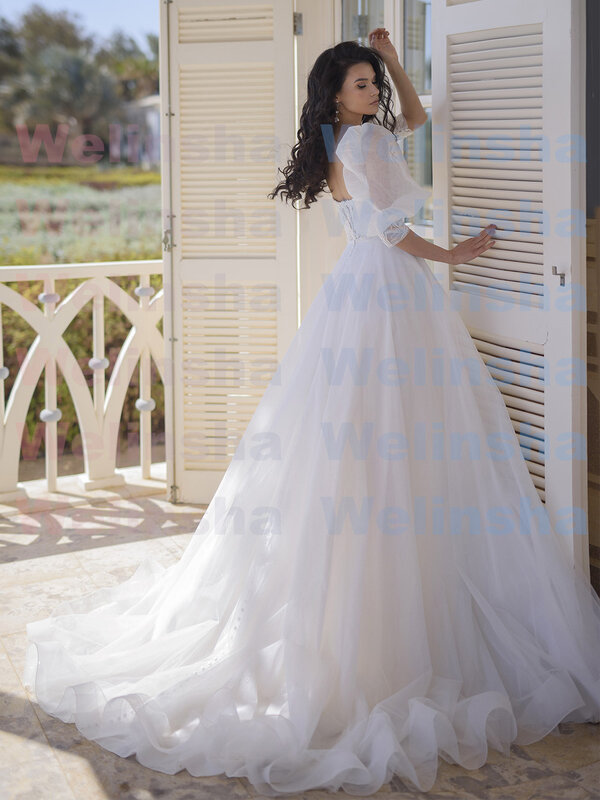 2023 индивидуальное свадебное платье короткие пышные рукава Милая Аппликация трапециевидной формы со шлейфом с открытой спиной Gelinlik свадебное платье принцессы