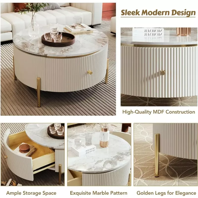 Tavolino da caffè con cassetti tamburo rotondo con gambe dorate tavoli centrali circolari con piano in marmo, tavolino da caffè