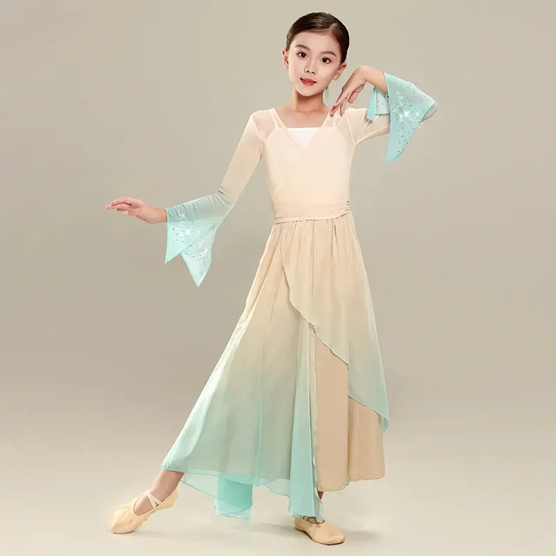 Traje de dança clássica para meninas, roupas chinesas para prática de rimas corporais, gradiente saree, roupas folclóricas