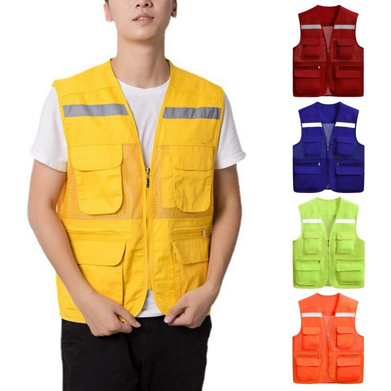 Stylish Vest Jacket Anti-pilling Multi Pockets Thin Reflective Night Safety Waistcoat  Vest Coat Safe