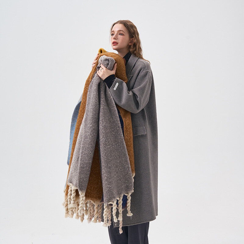 Winter Plush Simple Thickened Double-sided Solid Color Lady Scarves Soft Cloth Hand-knotted Tassel Shawl Long Scarf for Women