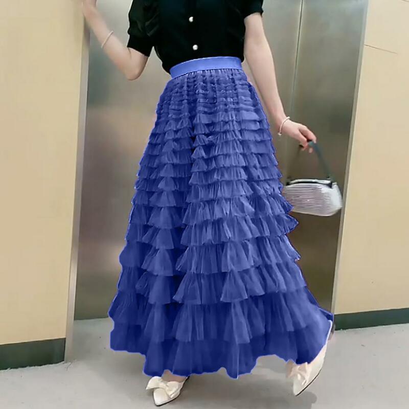 Элегантная трапециевидная юбка, элегантная трапециевидная Макси-юбка с высокой талией и оборками, плиссированная Женская Однотонная юбка в стиле пэчворк для принцессы