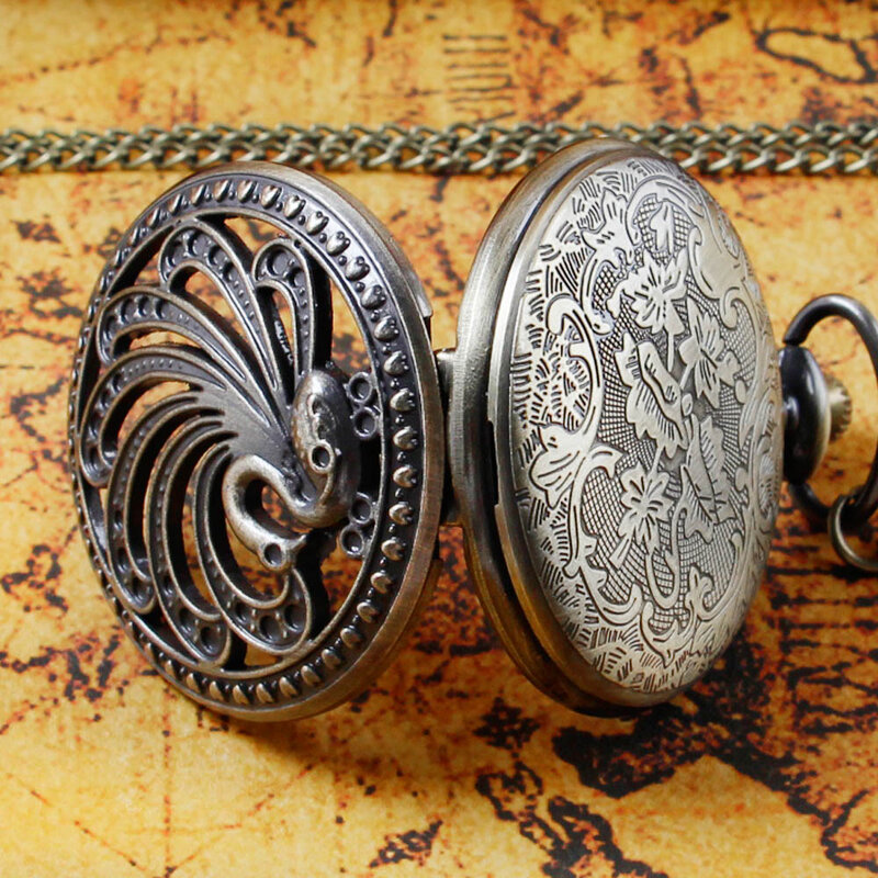 Steampunk Bronze Hollow Carving Quartz Pocket Watch Arabic Numerals Display Pin Chain Retro Clock Collectibles