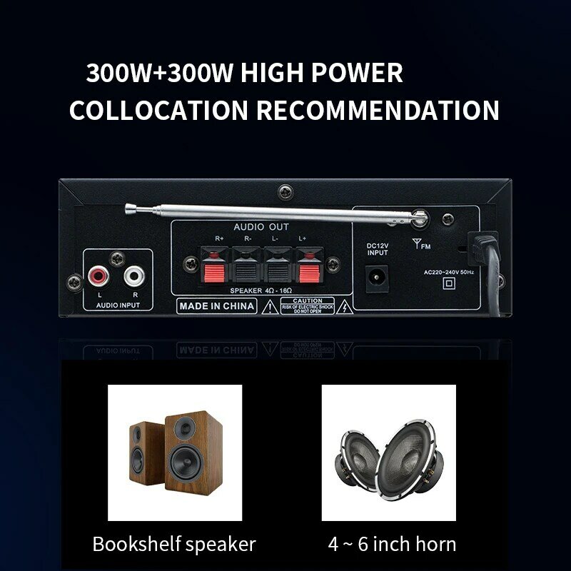 Amplificateur de puissance numérique AV-298BT HiFi Amplificateur audio Bluetooth Maximum 300Wx2 Sans fil Bluetooth 5.0 Amplificateur audio stéréo
