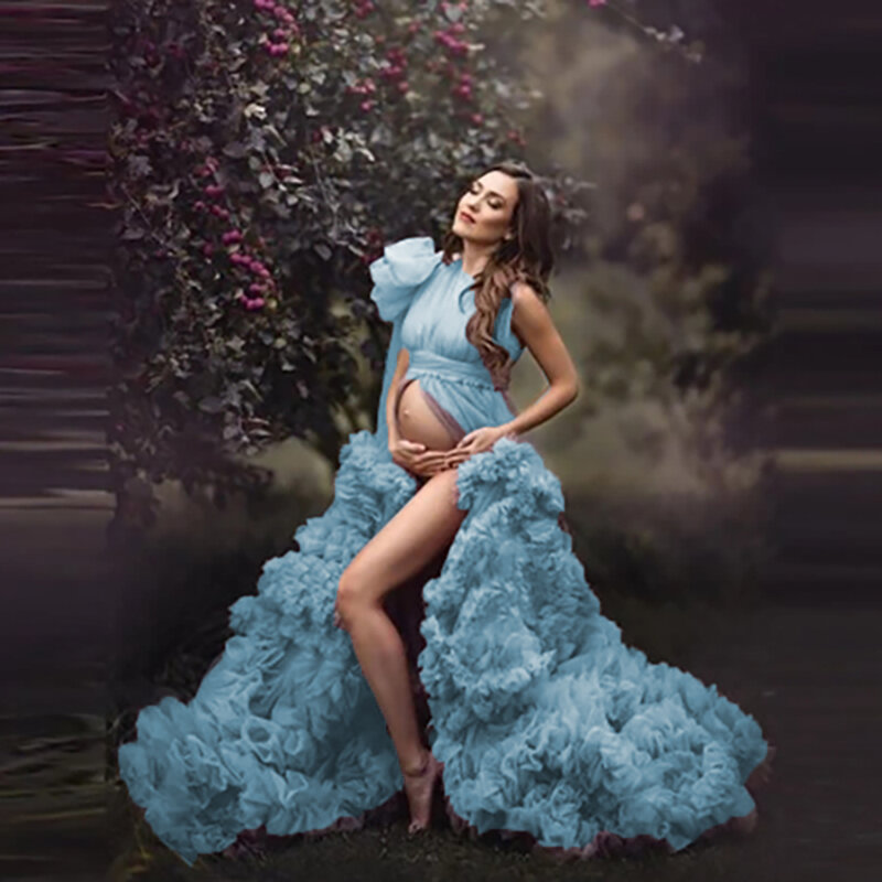 Elegante Paarse Tule Zwangerschapsjurk Voor Fotoshoot Aan De Voorkant Open Mouwloze Baljurk Ruches Met Op Maat Gemaakte Fakkels