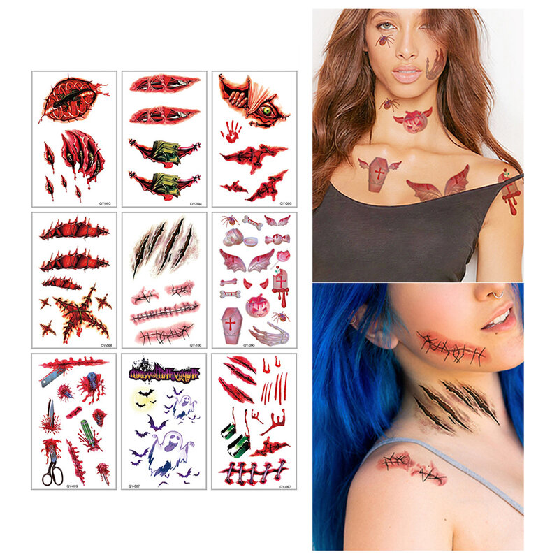 ฮาโลวีนสติกเกอร์ชั่วคราว Tattoo ฮาโลวีน Prank Stiker Makeup DIY สำหรับ Prank อุปกรณ์ตกแต่งหน้าปาร์ตี้คอสเพลย์