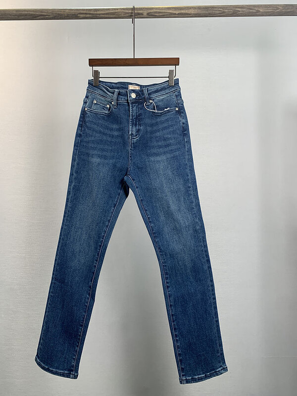 Calça jeans reta recortada feminina, cintura alta, slim, jeans de elasticidade