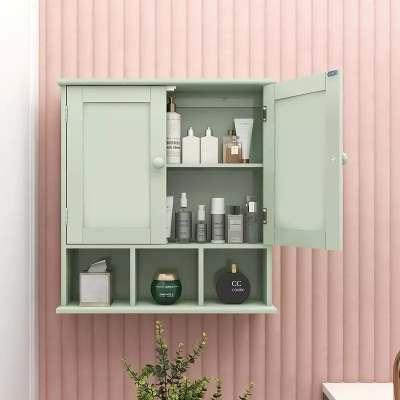 Зеленый шкаф для ванной комнаты, настенный шкаф для ванной комнаты с 2 регулируемыми дверцами, над шкафом для хранения туалета
