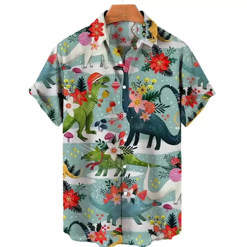 Dinosaur 3d Print Shirts Men's Women's Hawaiian Shirts Men's Vocation Blouses Spooky Lapel Shirt Cuba Camisa Men's Clothing Bird