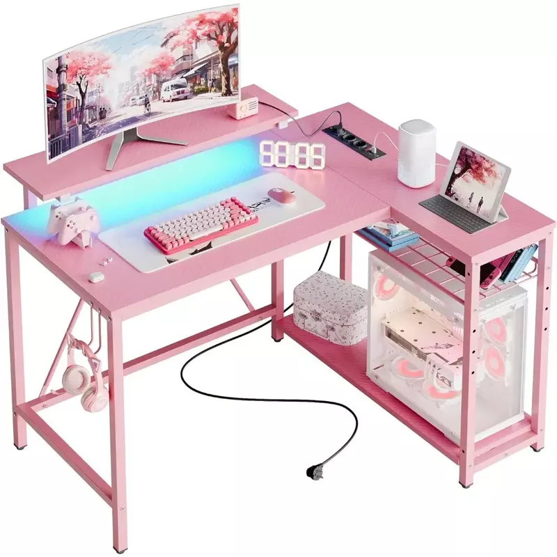 Mesa de juego con toma de corriente, esquina pequeña de 42 LED, con estante de almacenamiento plegable, mesa en forma de L, escritorio de oficina con gancho