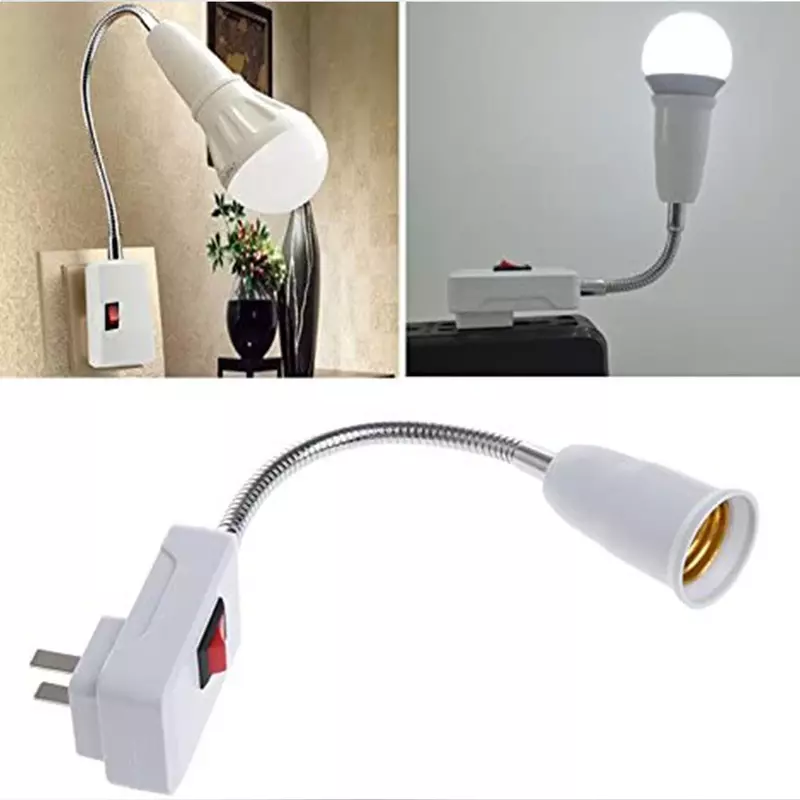 Parede Flexível Lâmpada Suporte Conversor com Interruptor, LED Cabeça Lâmpada Soquete, Conversão Base, Led Luz, UE, EUA Plug, E27