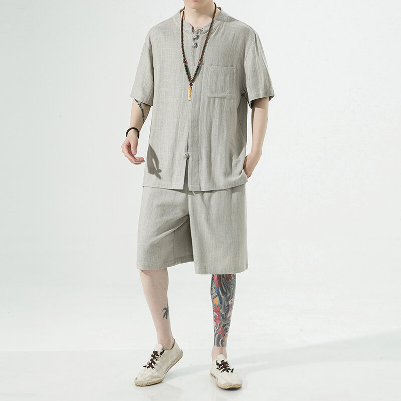 Conjunto deportivo de lino para hombre, camiseta informal y pantalones cortos, chándal de Color sólido, talla 5XL, verano 2024