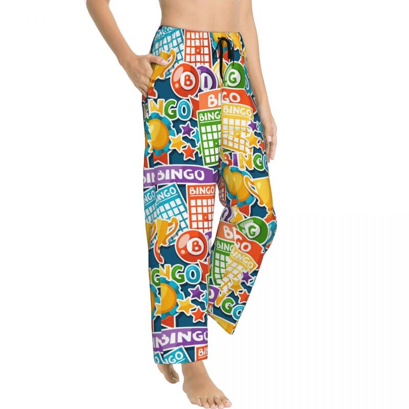 Niestandardowe drukowane dla kobiet Bingo Paper Game Spodnie od piżamy Bielizna nocna Spodnie do spania z kieszeniami