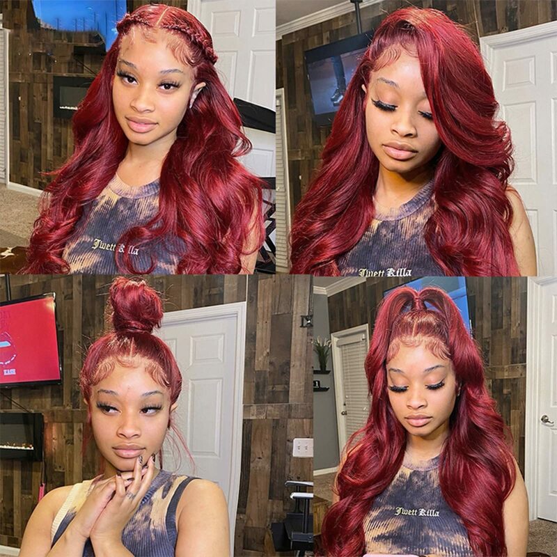 Perruque Lace Front Wig Body Wave Naturelle Rouge Bordeaux, Cheveux Humains, 13x4 HD, Transparent, Sans Colle, 99J, 34 Pouces