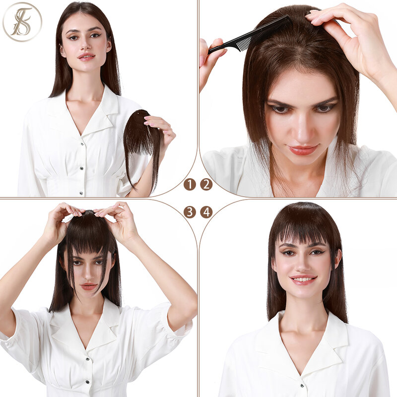 TESS naturalne włosy grzywka 9g Fringe ludzkie włosy ze świątyniami 11 cali niewidoczne fałszywe Hairpiece akcesoria spinki w Fringe dla kobiet