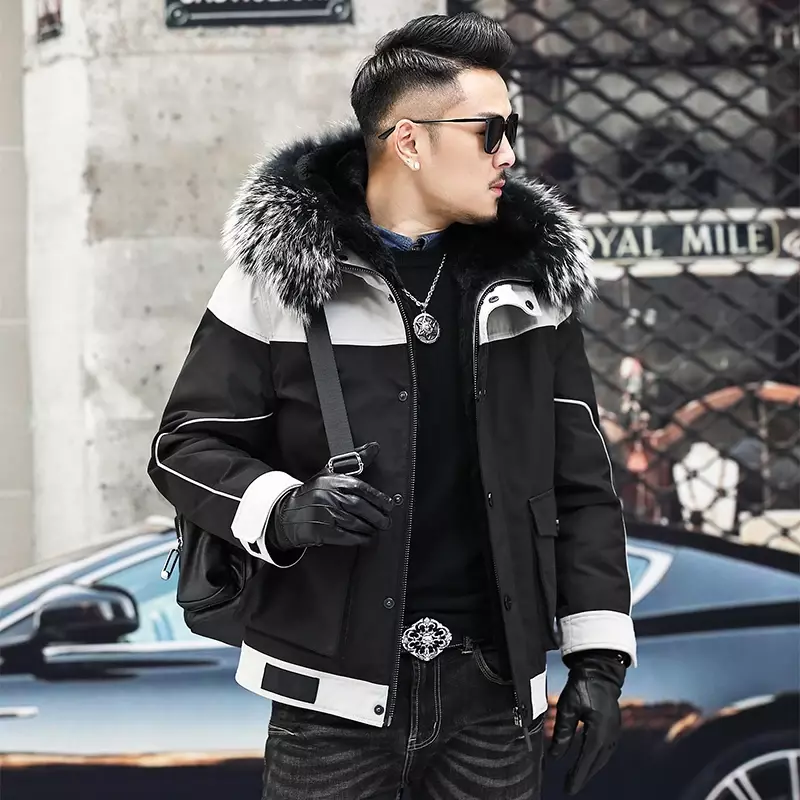 AYUNSUE-후드 모피 파카 렉스 토끼털 라이너 분리형 재킷, 남성 겨울 재킷 및 코트 너구리 모피 칼라 SGG753
