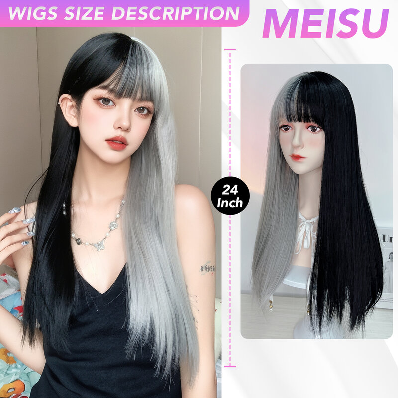 MEISU-Peluca de fibra sintética resistente al calor para mujer, flequillo largo y recto, color negro y gris, fiesta Natural o Selfie, 24 pulgadas