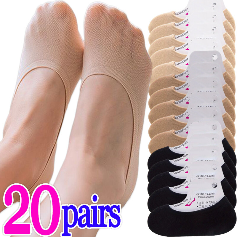 Meias rasas invisíveis transparentes para mulheres, formador de forro para bailarina, meias de barco para senhoras, chinelos finos, chinelos de verão, 5 pares, 20 pares
