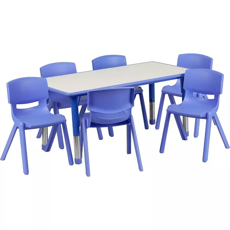 Juego de mesa de actividades Rectangular de plástico azul, altura ajustable, 6 sillas, silla de bebé sin carga, 23.625 ''W X 47,25'' L
