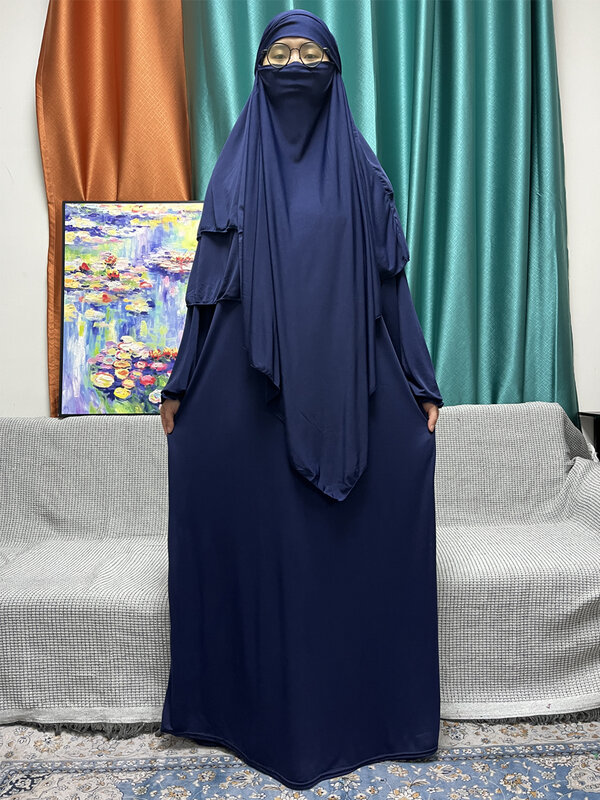 ชุดมุสลิมสองชิ้นสำหรับสวดมนต์เดือนรอมฎอนชุดคลุมสตรีหลวมผ้าโพลีเอสเตอร์แท้ชุดคลุมมุสลิม